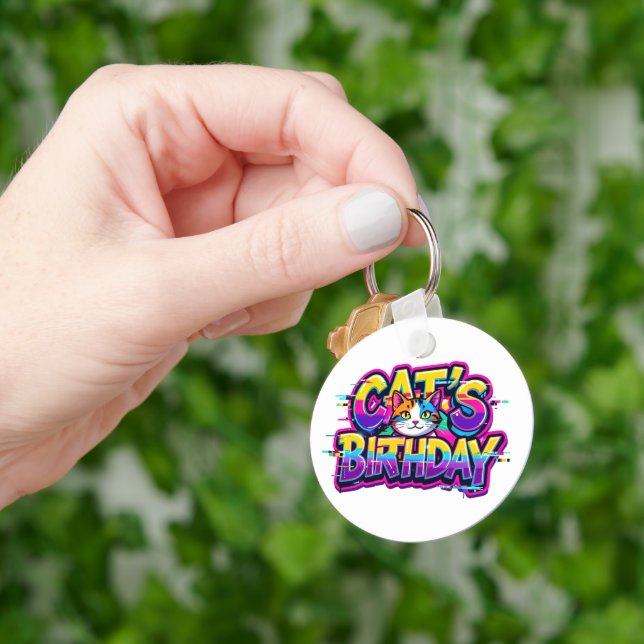 Cat's Birthday Rainbow Glitch Key Ring (Hand)