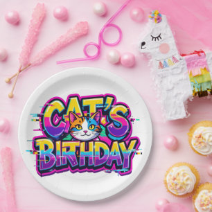 Cat's Birthday Rainbow Glitch Paper Plate