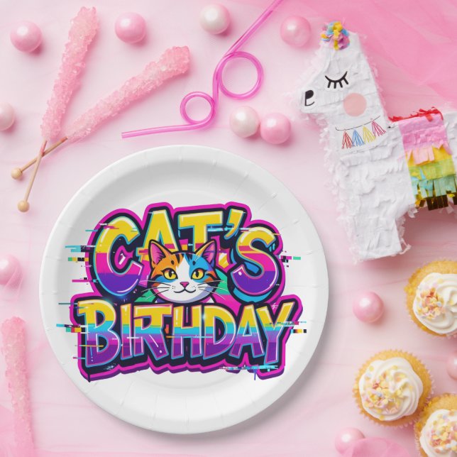 Cat's Birthday Rainbow Glitch Paper Plate (Party)