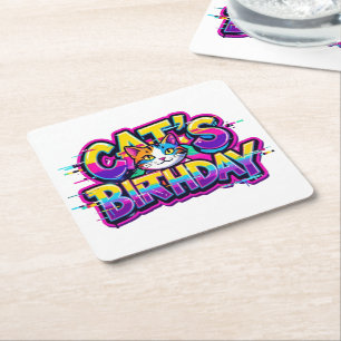 Cat's Birthday Rainbow Glitch Square Paper Coaster
