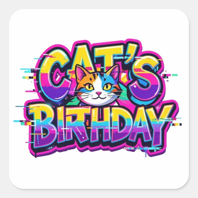 Cat's Birthday Rainbow Glitch Square Sticker (Front)