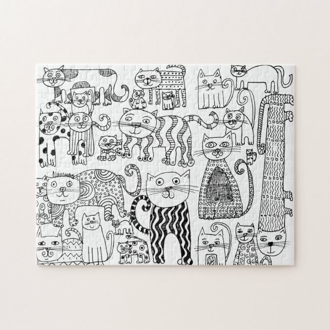 Cats Black and White Fun Hand Drawn Art Jigsaw Puzzle (Horizontal)