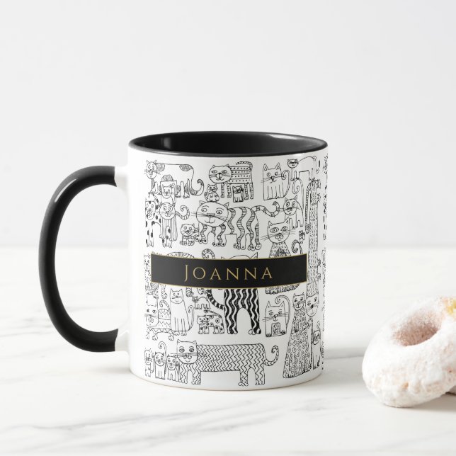 Cats Black and White Illustration Name Mug (With Donut)