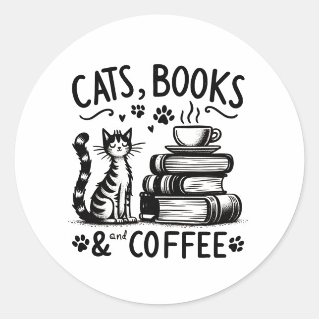  Cats, Books, and Coffee Classic Round Sticker (Front)