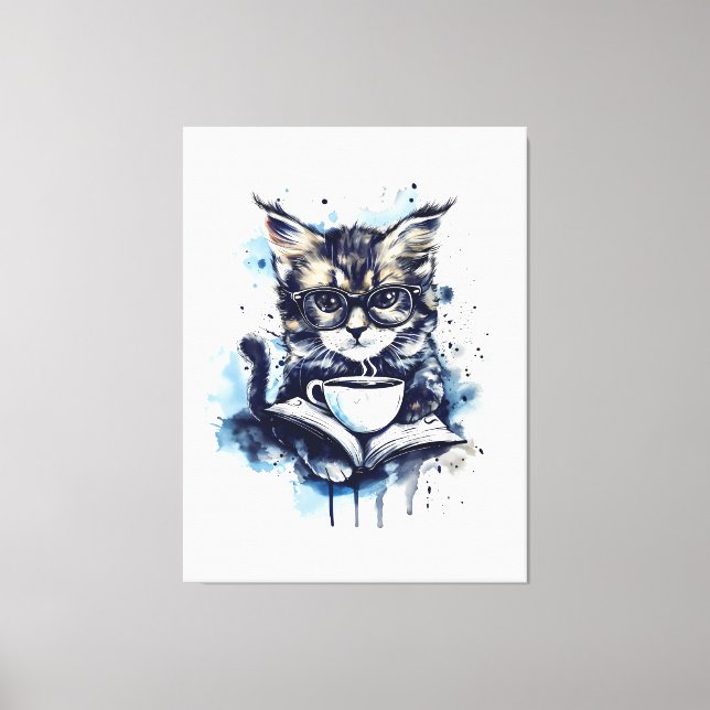 Cats Books Coffee Watercolor Boho Abstract Canvas Print (Front)