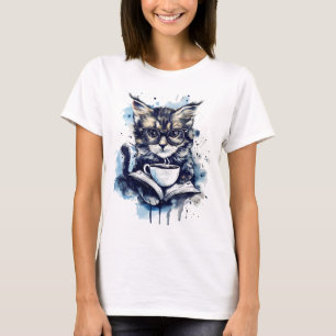 Cats Books Coffee Watercolor Boho Abstract T-Shirt