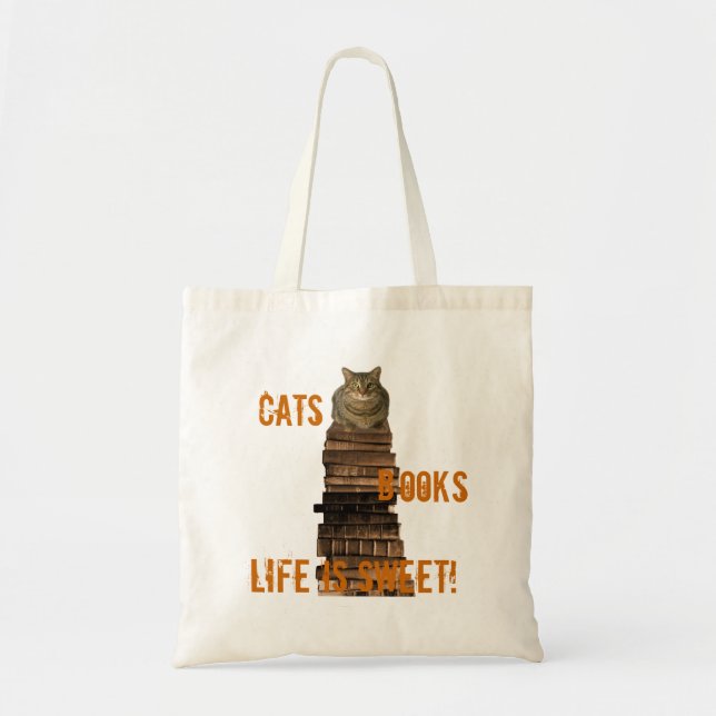 Cats books life is sweet - orange/brown tote bag (Front)
