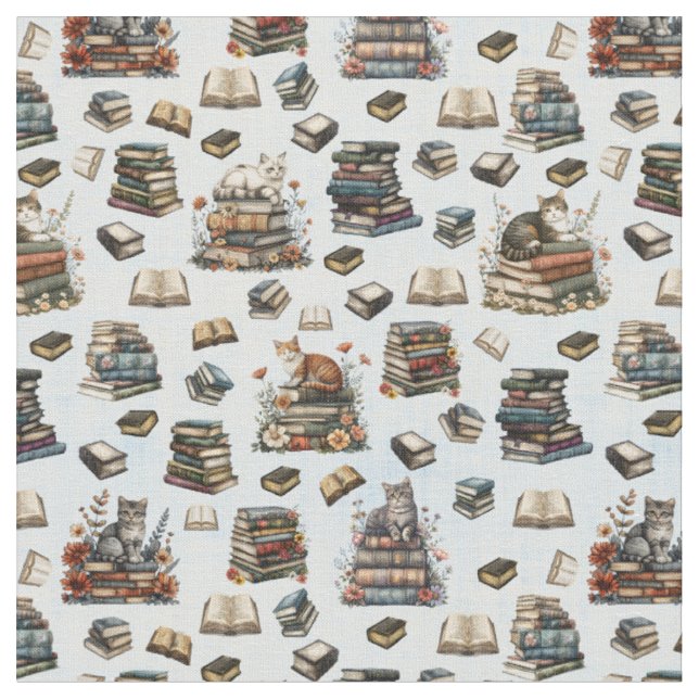 Cats & Books on Light Blue Fabric (Close Up)