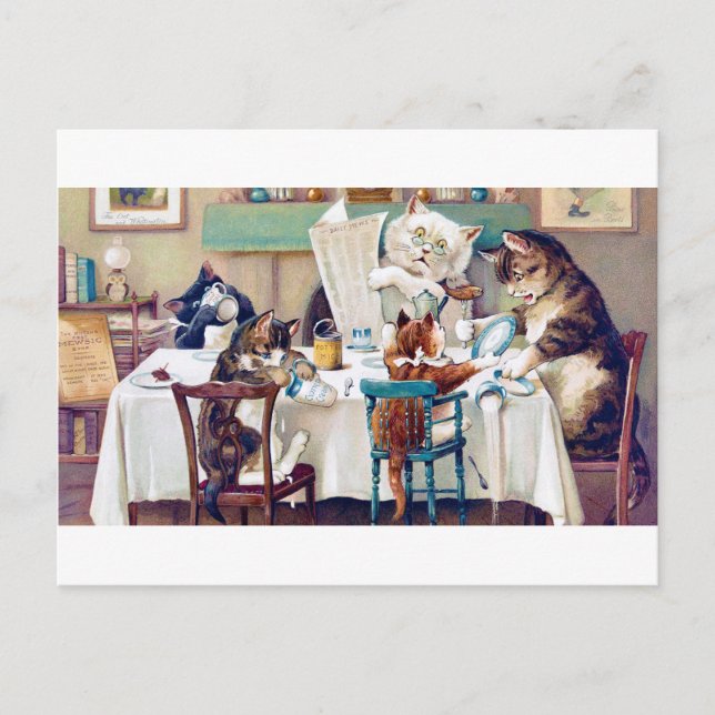 Cat's Breakfast Time, Louis Wain Postcard (Front)