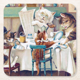 Cat's Breakfast Time, Louis Wain Square Paper Coaster