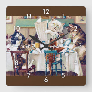 Cat's Breakfast Time, Louis Wain Square Wall Clock