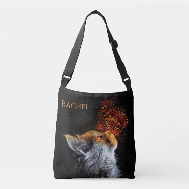 Cat's Butterfly Kisses Personalised Name Crossbody Bag (Front)