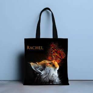 Cat's Butterfly Kisses Personalised Name Tote Bag