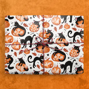 Cats Carving Halloween Jack-o'-lantern Pumpkins Wrapping Paper