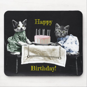 Cats celebrating a birthday with cake and candles mouse mat