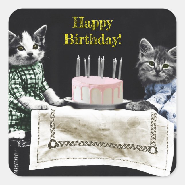 Cats celebrating a birthday with cake and candles square sticker (Front)