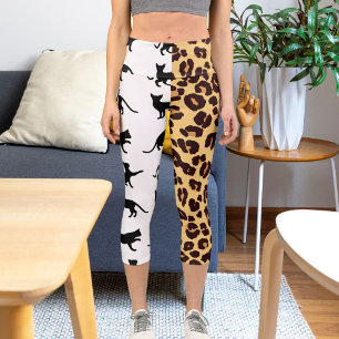 Cats Cheetah Pattern Print White Brown Pets Animal Capri Leggings