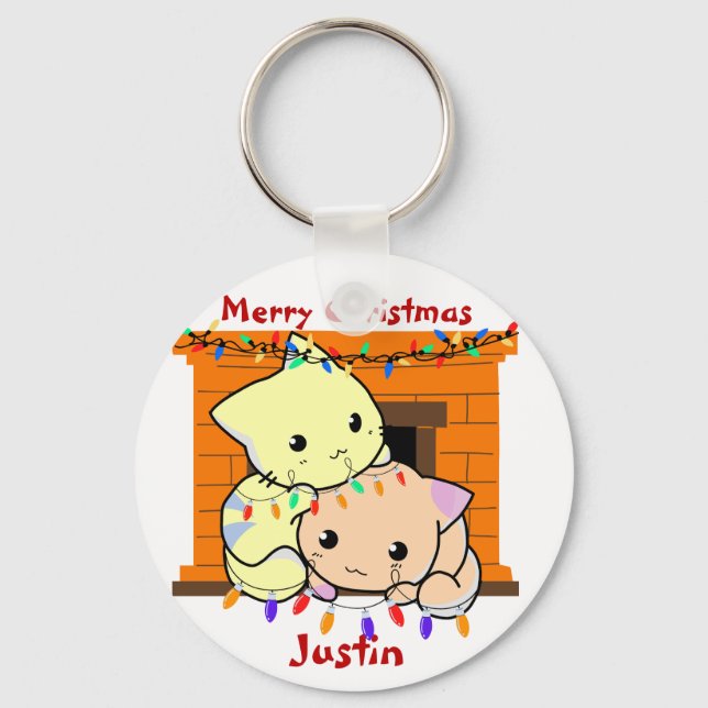 Cats christmas gift, personalised name key ring (Front)