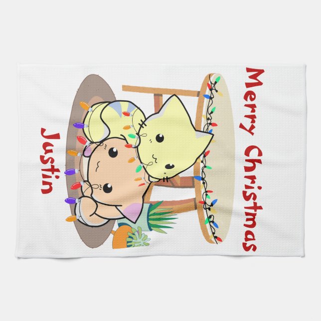 Cats christmas gift, personalised name  tea towel (Horizontal)