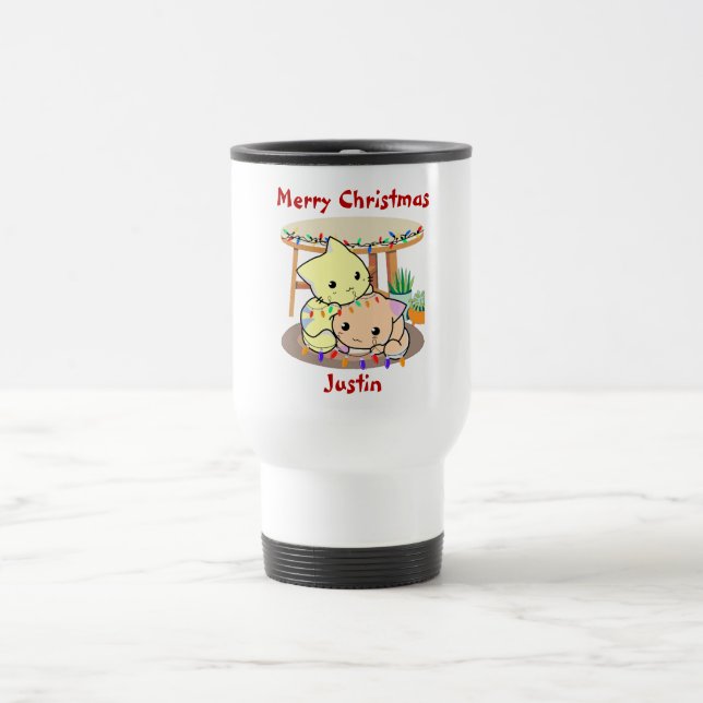 Cats christmas gift, personalised name travel mug (Center)
