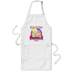 Cats christmas on bed, personalised name long apron