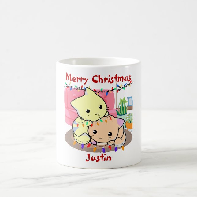 Cats christmas on mat, personalised name  coffee mug (Center)
