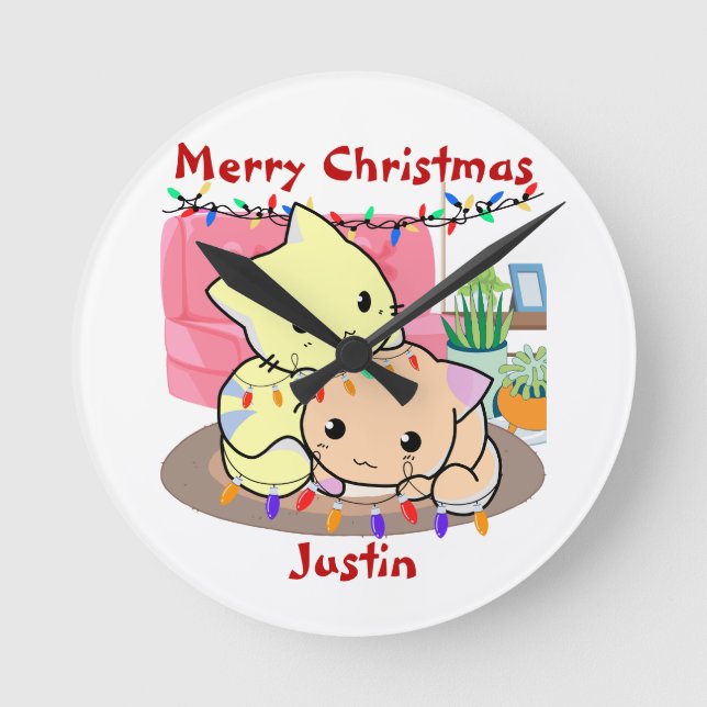 Cats christmas on mat, personalised name   round clock (Front)