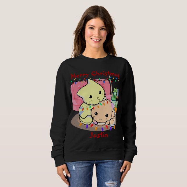 Cats christmas on mat, personalised name sweatshirt (Front Full)