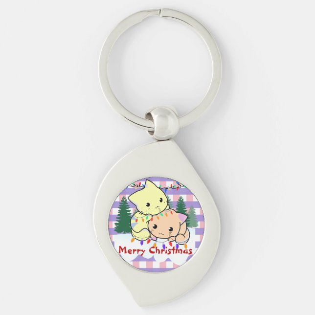 Cats christmas on snow, personalised name key ring (Front)
