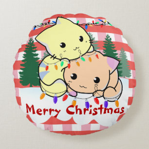 Cats christmas on snow, personalised name round cushion