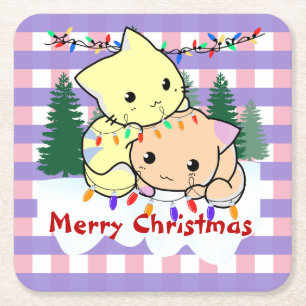 Cats christmas on snow, personalised name square paper coaster