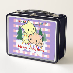 Cats christmas on snow, personalized name metal lunch box
