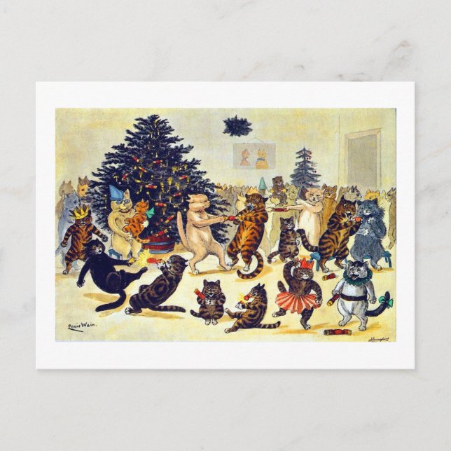 Cat's Christmas Party, Louis Wain Holiday Postcard (Front)
