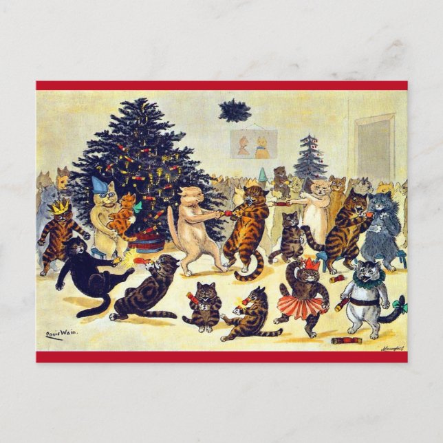 Cat's Christmas Party, Louis Wain Holiday Postcard (Front)