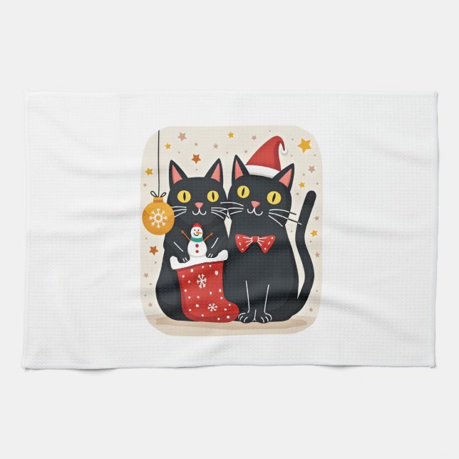 Cats Christmas Retro 50s 60s Xmas (1) Tea Towel (Horizontal)