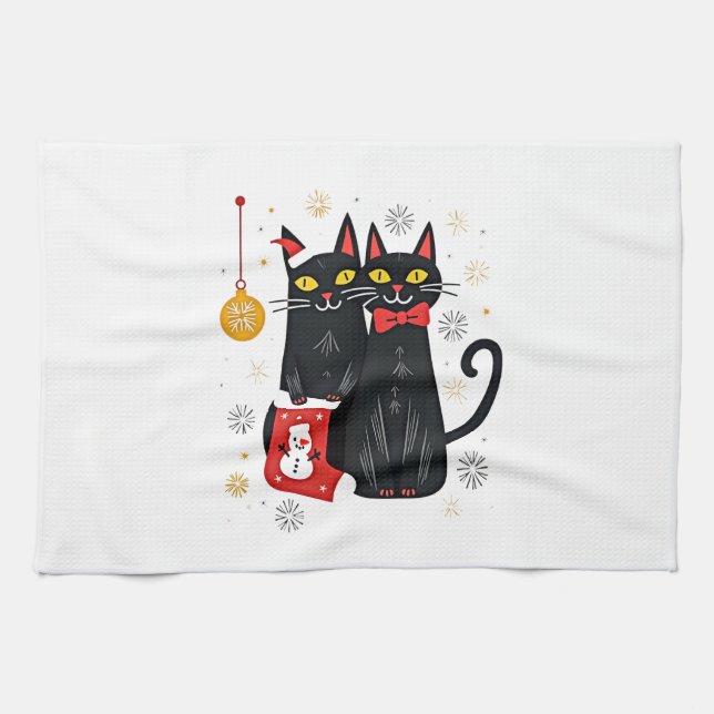 Cats Christmas Retro 50s 60s Xmas (2) Tea Towel (Horizontal)