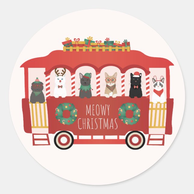 Cats Christmas Trolly Meowy Christmas Classic Round Sticker (Front)