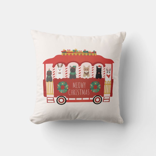 Cats Christmas Trolly Meowy Christmas Cushion (Front)