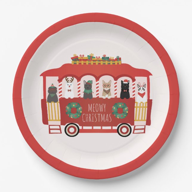 Cats Christmas Trolly Meowy Christmas Paper Plate (Front)
