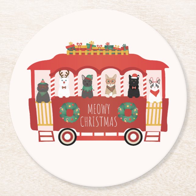 Cats Christmas Trolly Meowy Christmas Round Paper Coaster (Front)