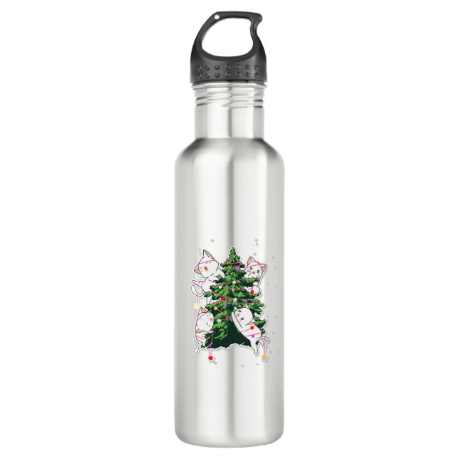 cats climbing and decorating a Christmas tree  710 Ml Water Bottle (Front)