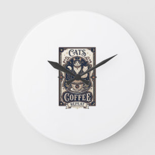 Cats Coffee Repeat Cat Coffee Vintage Vector Art S Large Clock