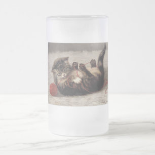 Cat's Cradle, A Cat Playing Ball of Yarn Frosted Glass Beer Mug