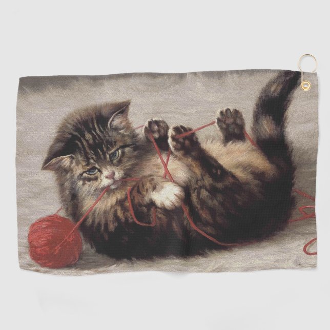 Cat's Cradle, A Cat Playing Ball of Yarn Golf Towel (Horizontal)