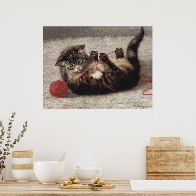 Cat's Cradle, A Cat Playing Ball of Yarn Poster (Kitchen)