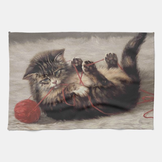 Cat's Cradle, A Cat Playing Ball of Yarn Tea Towel (Horizontal)