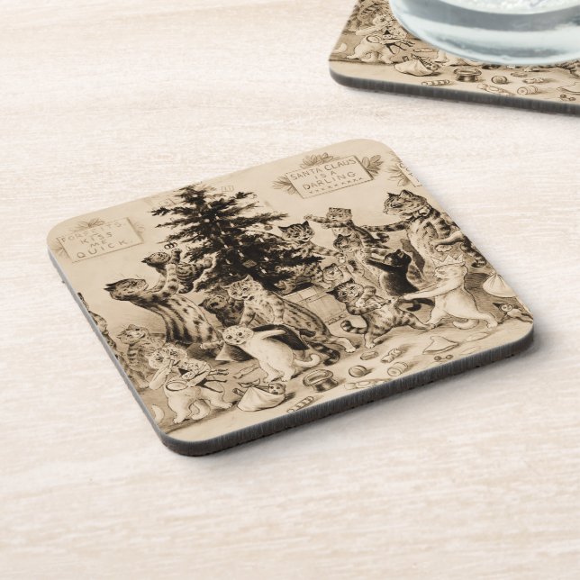 Cats Decorating Christmas Tree by Louis Wain Coaster (Left Side)