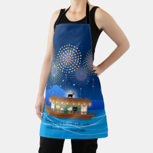 Cats Delighting in Fireworks Aboard a Houseboat Apron
