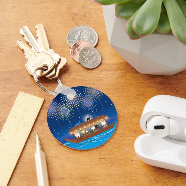 Cats Delighting in Fireworks Aboard a Houseboat Key Ring (Desk)