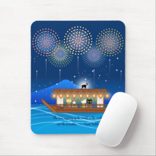 Cats Delighting in Fireworks Aboard a Houseboat Mouse Mat